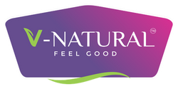 V-Natural Feel Good logo on a white background, featuring a purple and magenta gradient badge with a green leaf icon and green wave accent.