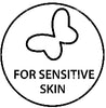 A circular black-and-white graphic with a simple butterfly outline above the text 'FOR SENSITIVE SKIN' in bold uppercase letters.