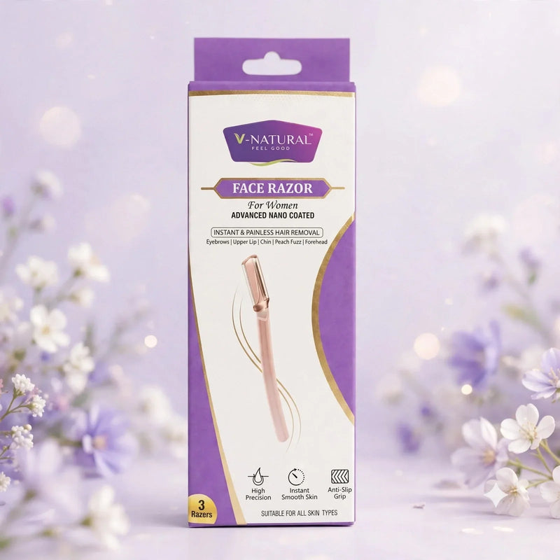 V-NATURAL Face Razor For Women - Advanced Nano Coated, Instant & Painless Hair Removal - For Eyebrows, Upper Lip, Chin, Peach Fuzz, Forehead - High Precision, Anti-Slip Grip - 3 Razors