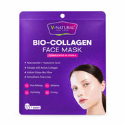 V-Natural Bio-Collagen Face Mask packaging in purple, featuring product details and a model photo on the front.