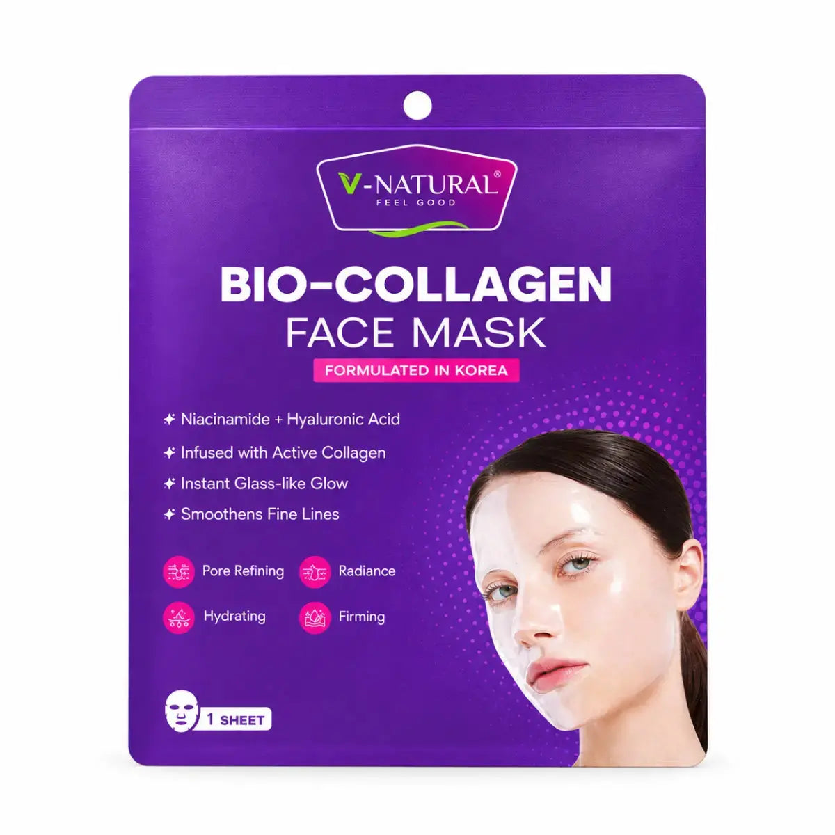 V-Natural Bio-Collagen Face Mask packaging in purple, featuring product details and a model photo on the front.