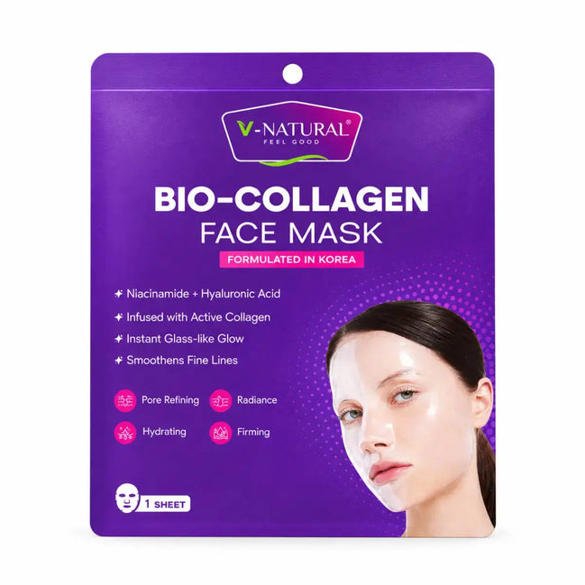 V-Natural Bio-Collagen Face Mask packaging in purple, featuring product details and a model photo on the front.