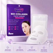 V-Natural Bio-Collagen Face Mask packaging in purple, shown with a white sheet mask and a sachet on a light lavender background with cosmetic props and feature icons at the bottom.