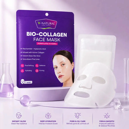 V-Natural Bio-Collagen Face Mask packaging in purple, shown with a white sheet mask and a sachet on a light lavender background with cosmetic props and feature icons at the bottom.