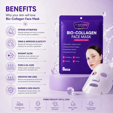 V-Natural Bio-Collagen Face Mask packaging in a purple pouch shown beside a white sheet mask, with benefit callouts and before/after style skin results graphics on a light lavender background.