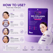 V-Natural Bio-Collagen Face Mask in a purple pouch with a white sheet mask shown in front, accompanied by a usage guide with illustrated steps and benefits on a light purple background.