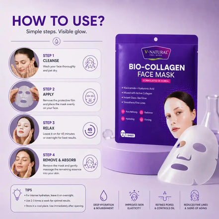 V-Natural Bio-Collagen Face Mask in a purple pouch with a white sheet mask shown in front, accompanied by a usage guide with illustrated steps and benefits on a light purple background.