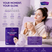 V-Natural Bio-Collagen Face Mask advertisement featuring a woman in a white robe holding a mug, alongside the purple and white product packaging, with skincare benefits and testimonials displayed.