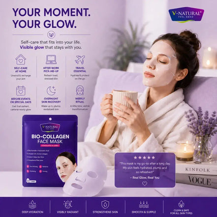 V-Natural Bio-Collagen Face Mask advertisement featuring a woman in a white robe holding a mug, alongside the purple and white product packaging, with skincare benefits and testimonials displayed.
