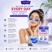 V-Natural Life Sciences Hydro Gel Eye Patches set, featuring a woman applying blue eye patches, a pack of blueberry and hyaluronic acid patches, and informational text on a light purple background.