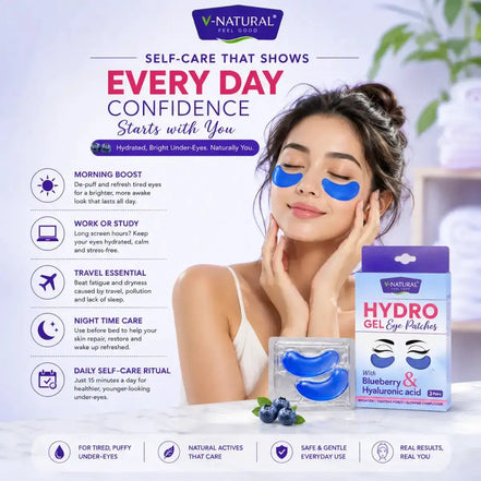 V-Natural Life Sciences Hydro Gel Eye Patches set, featuring a woman applying blue eye patches, a pack of blueberry and hyaluronic acid patches, and informational text on a light purple background.