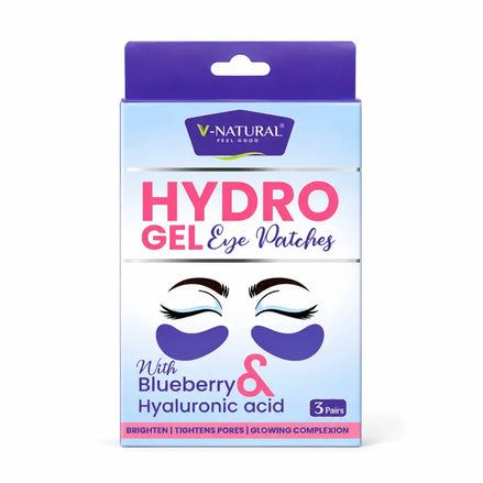 V-Natural Feel Good Hydro Gel Eye Patches packaging box, featuring blueberry and hyaluronic acid eye patches, with purple and pink text on a white background.