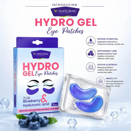 V-Natural Fine Care Hydro Gel Eye Patches shown with their retail box and a clear blister pack containing two blue eye patches, on a white background with blueberry graphics and product benefits text.