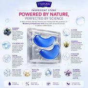 An informational graphic for V-Natural Vaseline Blueberry Hydro Gel Eye Patches, detailing the ingredient story with illustrations of blueberries, glycerin, chamomile, and other active compounds on a light blue background.