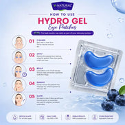 V-Natural Eye Patches hydrogel eye patch usage guide with step-by-step instructions, a blister pack showing blue eye patches, and skincare benefit icons on a light blue water-themed background.