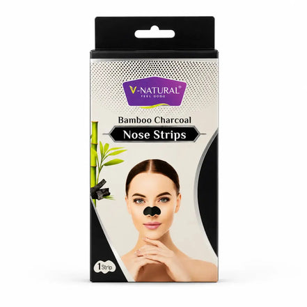 V-Natural Bamboo Charcoal Nose Strips in a black and white cardboard box with a model wearing a black nose strip.