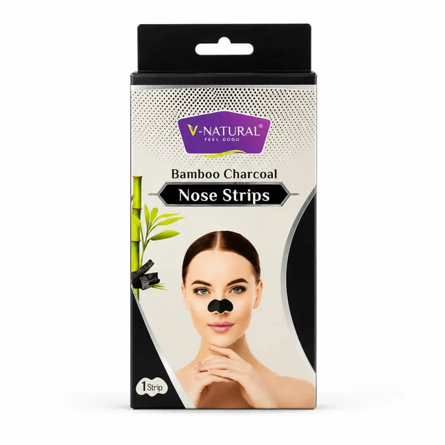 V-Natural Bamboo Charcoal Nose Strips in a black and white cardboard box with a model wearing a black nose strip.