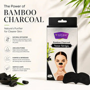 V-Natural Bamboo Charcoal Nose Strips packaging shown next to a black nose strip and loose charcoal pieces on a clean white background with promotional text and bamboo leaf graphics.