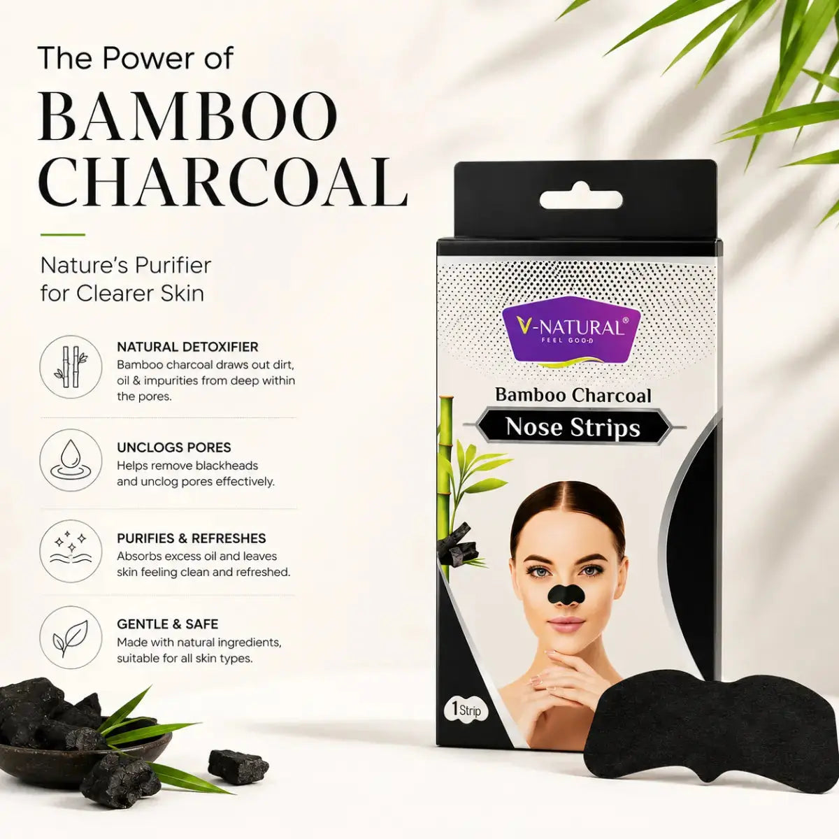 V-Natural Bamboo Charcoal Nose Strips packaging shown next to a black nose strip and loose charcoal pieces on a clean white background with promotional text and bamboo leaf graphics.