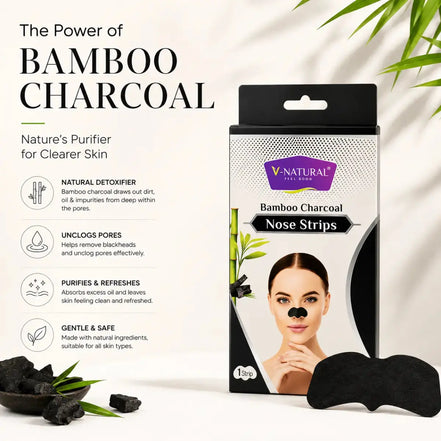 V-Natural Bamboo Charcoal Nose Strips packaging shown next to a black nose strip and loose charcoal pieces on a clean white background with promotional text and bamboo leaf graphics.