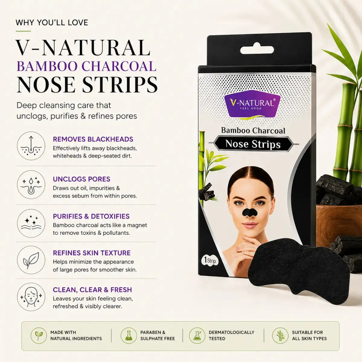 V-Natural Bamboo Charcoal Nose Strips packaging shown next to several black charcoal strips, with text describing skincare benefits and a model wearing a black nose strip on a light beige background with decorative bamboo.