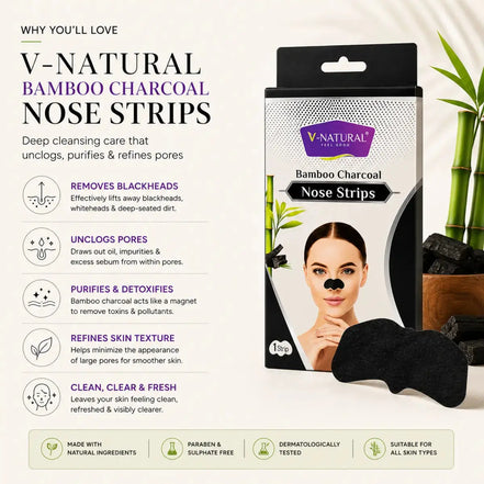 V-Natural Bamboo Charcoal Nose Strips packaging shown next to several black charcoal strips, with text describing skincare benefits and a model wearing a black nose strip on a light beige background with decorative bamboo.