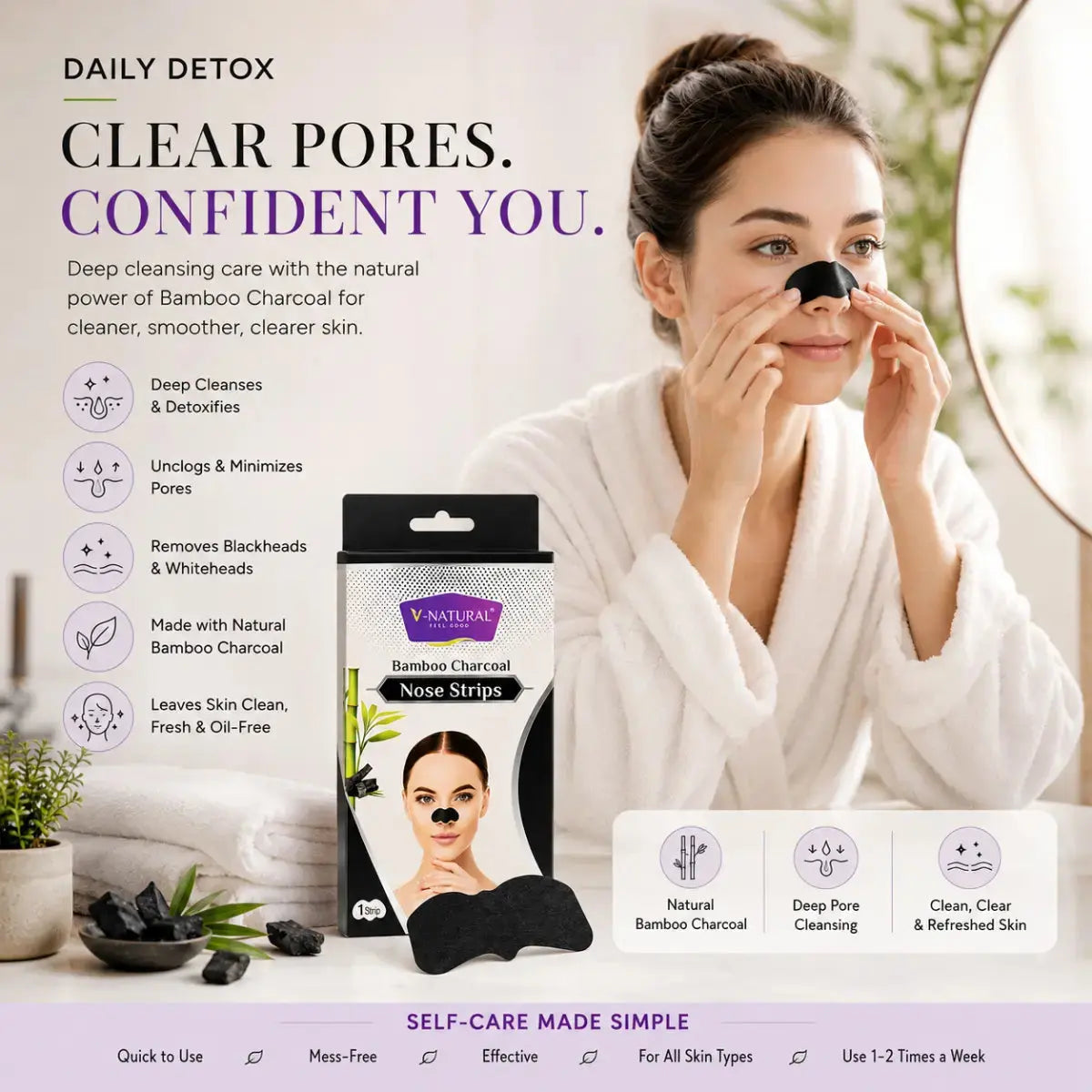 A woman in a white robe applies a black bamboo charcoal nose strip to her nose. The image is a promotional ad for Natures Way Bamboo Charcoal Nose Strips, showing the product packaging, a pile of loose strips, and text detailing the benefits of daily detox and clear pores.
