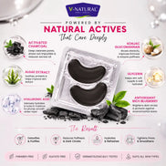 V-Natural Active Skincare black eye mask in a clear square plastic tray, surrounded by ingredient callouts and marketing text on a white background with soft bokeh lights.
