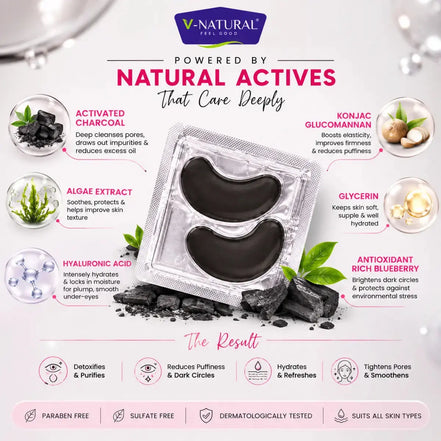 V-Natural Active Skincare black eye mask in a clear square plastic tray, surrounded by ingredient callouts and marketing text on a white background with soft bokeh lights.