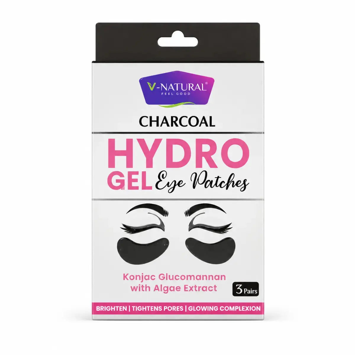 V-Natural Charcoal Hydro Gel Eye Patches in a white and black retail box with pink text and illustrations of black eye patches.