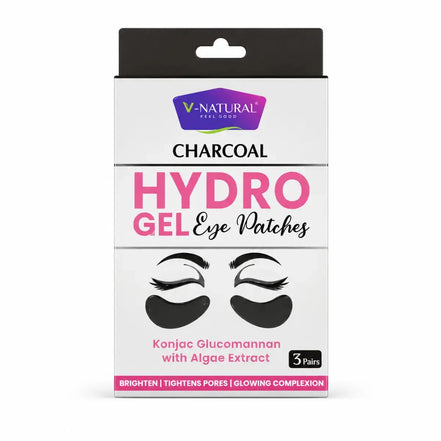 V-Natural Charcoal Hydro Gel Eye Patches in a white and black retail box with pink text and illustrations of black eye patches.