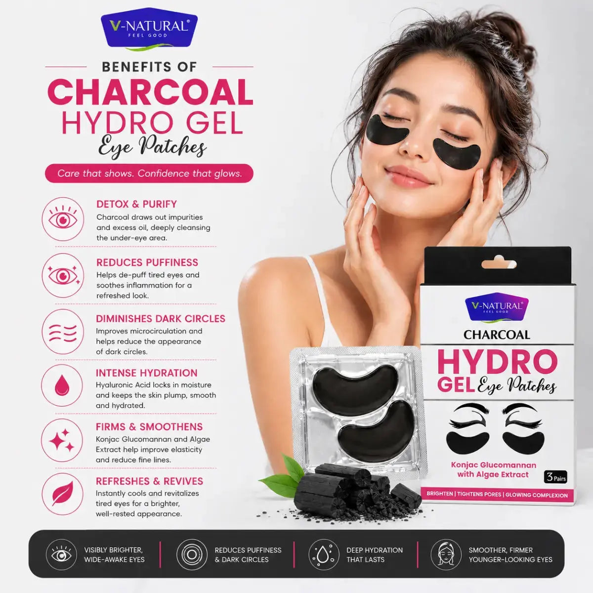 V-Natural Charcoal Hydro Gel Eye Patches shown with a model wearing black eye patches, alongside product packaging and informational text on a white background.