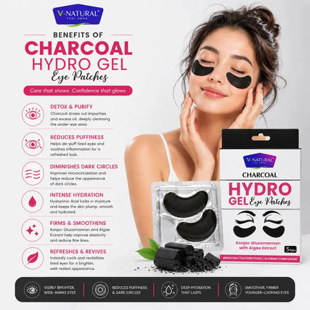 V-Natural Charcoal Hydro Gel Eye Patches shown with a model wearing black eye patches, alongside product packaging and informational text on a white background.