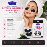 V-Natural Charcoal Hydro Gel Eye Patches set shown in a promotional graphic with a woman wearing black eye patches and a white towel on her head. The image includes product packaging, a clear tray of the patches, loose charcoal pieces, and marketing text highlighting detox, hydration, and cooling benefits.