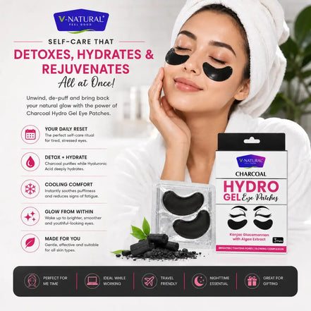 V-Natural Charcoal Hydro Gel Eye Patches set shown in a promotional graphic with a woman wearing black eye patches and a white towel on her head. The image includes product packaging, a clear tray of the patches, loose charcoal pieces, and marketing text highlighting detox, hydration, and cooling benefits.