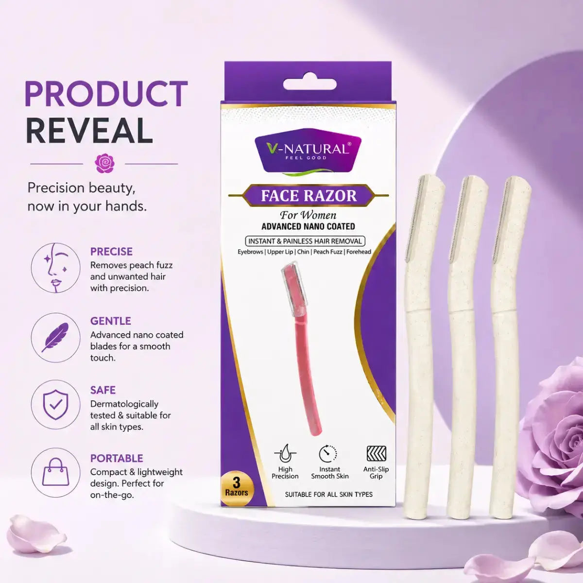 V-Natural Face Razor for women, shown with its retail packaging box and three white disposable razor handles on a purple and white promotional background with text callouts.