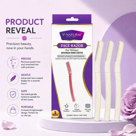 V-Natural Face Razor for women, shown with its retail packaging box and three white disposable razor handles on a purple and white promotional background with text callouts.