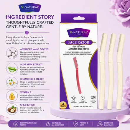 V-Natural Advanced Face Razor in its retail packaging, shown alongside three individual cream-colored hair removal cartridges on a purple and white background with ingredient details on the left.