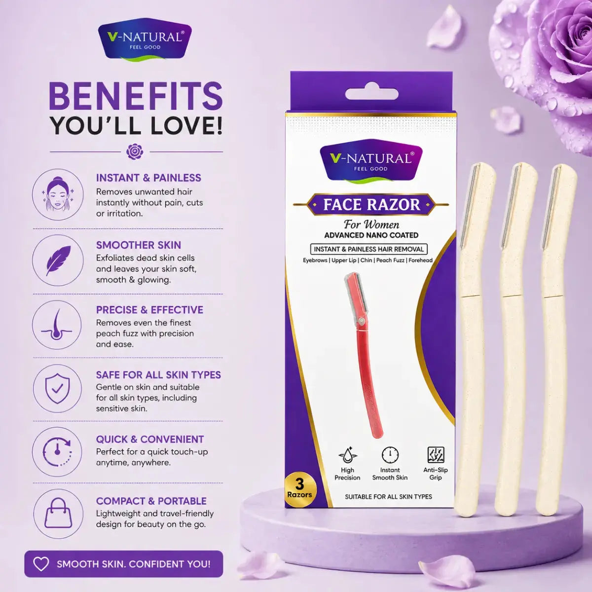 V-Natural Face Razor packaging shown alongside three cream-colored razors on a purple background with decorative roses and a benefits callout panel.
