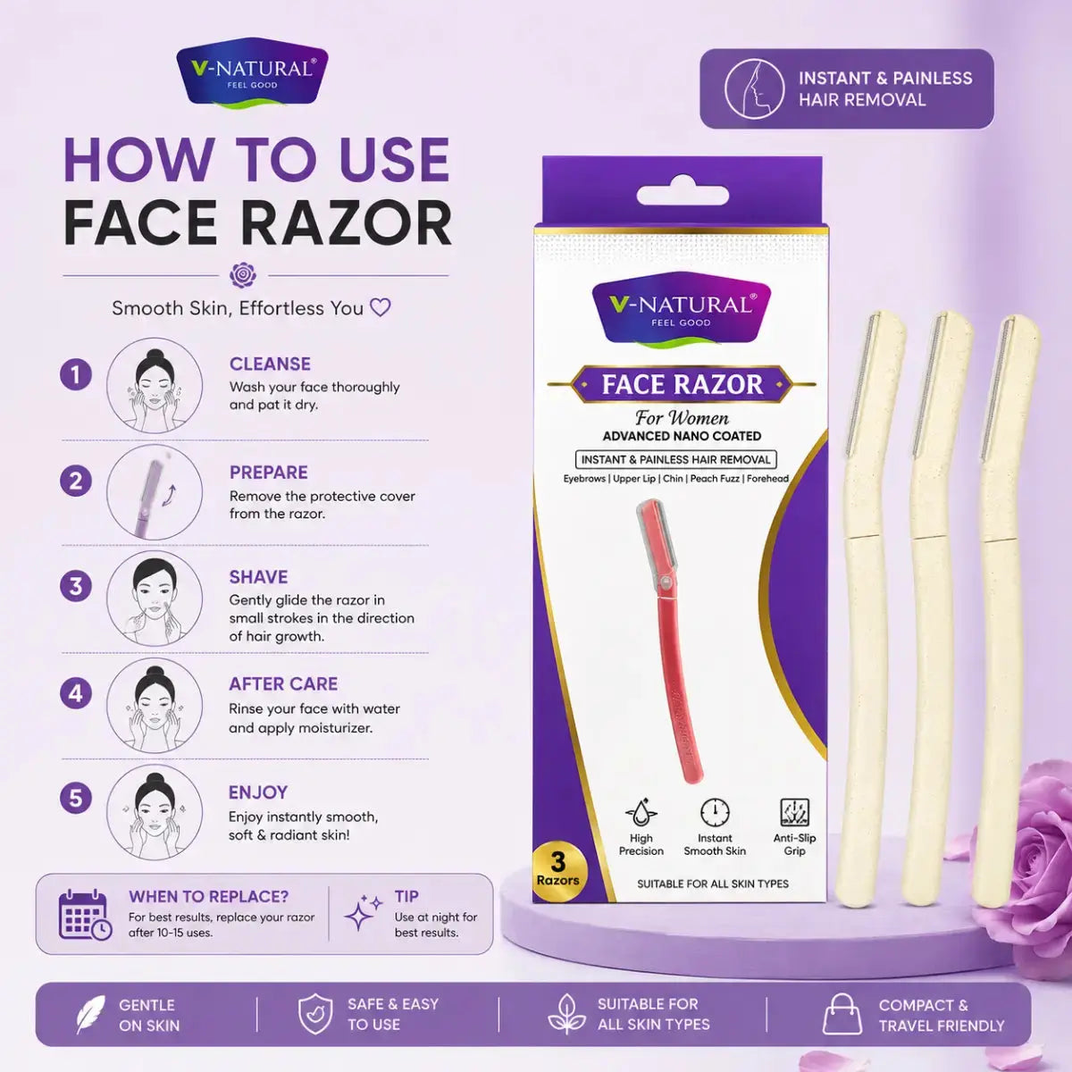V-Natural Face Razor for women, showing the retail packaging box, three cream-colored razors, and a purple step-by-step usage guide on a lavender background.