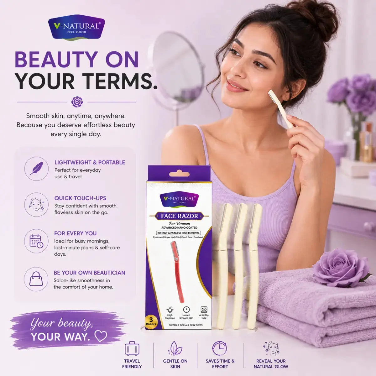 A woman applies a facial razor to her face in a bright, pink-lilac bathroom setting. The product packaging for the V-Natural Face Razor is displayed alongside her, along with three cream-colored razor heads and a purple towel.