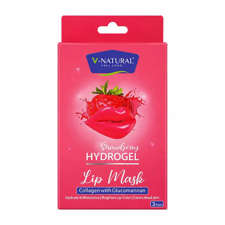 V-Natural Feel Good Strawberry Hydrogel Lip Mask packaging, featuring a bright pink box with a strawberry and lips graphic, on a white background.