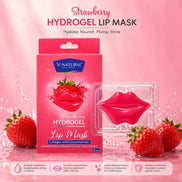 V-Natural Strawberry Hydrogel Lip Mask in its pink retail box, shown next to a clear blister pack containing a bright pink lip-shaped gel patch. The background is pink with water droplets, strawberries, and product text.