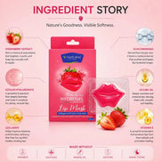 N-Vatural Waterblossing Lip Mask in a pink box with a clear blister pack containing pink lip mask sheets, surrounded by ingredient callouts on a pink background.