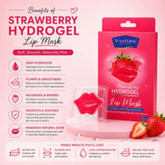 V-Natural Strawberry Hydrogel Lip Mask packaging and product display on a pink background, with text detailing benefits and visible ingredients including strawberries and collagen.