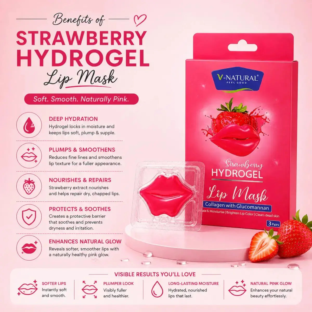 V-Natural Strawberry Hydrogel Lip Mask packaging and product display on a pink background, with text detailing benefits and visible ingredients including strawberries and collagen.