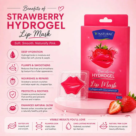 V-Natural Strawberry Hydrogel Lip Mask packaging and product display on a pink background, with text detailing benefits and visible ingredients including strawberries and collagen.
