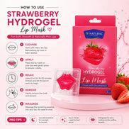 V-Natural Strawberry Hydrogel Lip Mask packaging and applicator shown on a pink background with step-by-step usage instructions and strawberry graphics.