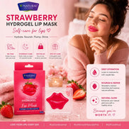 V-Natural Strawberry Hydrogel Lip Mask advertisement featuring a pink lip mask product, its retail box, and a woman with pink lips in a soft pink lifestyle setting.