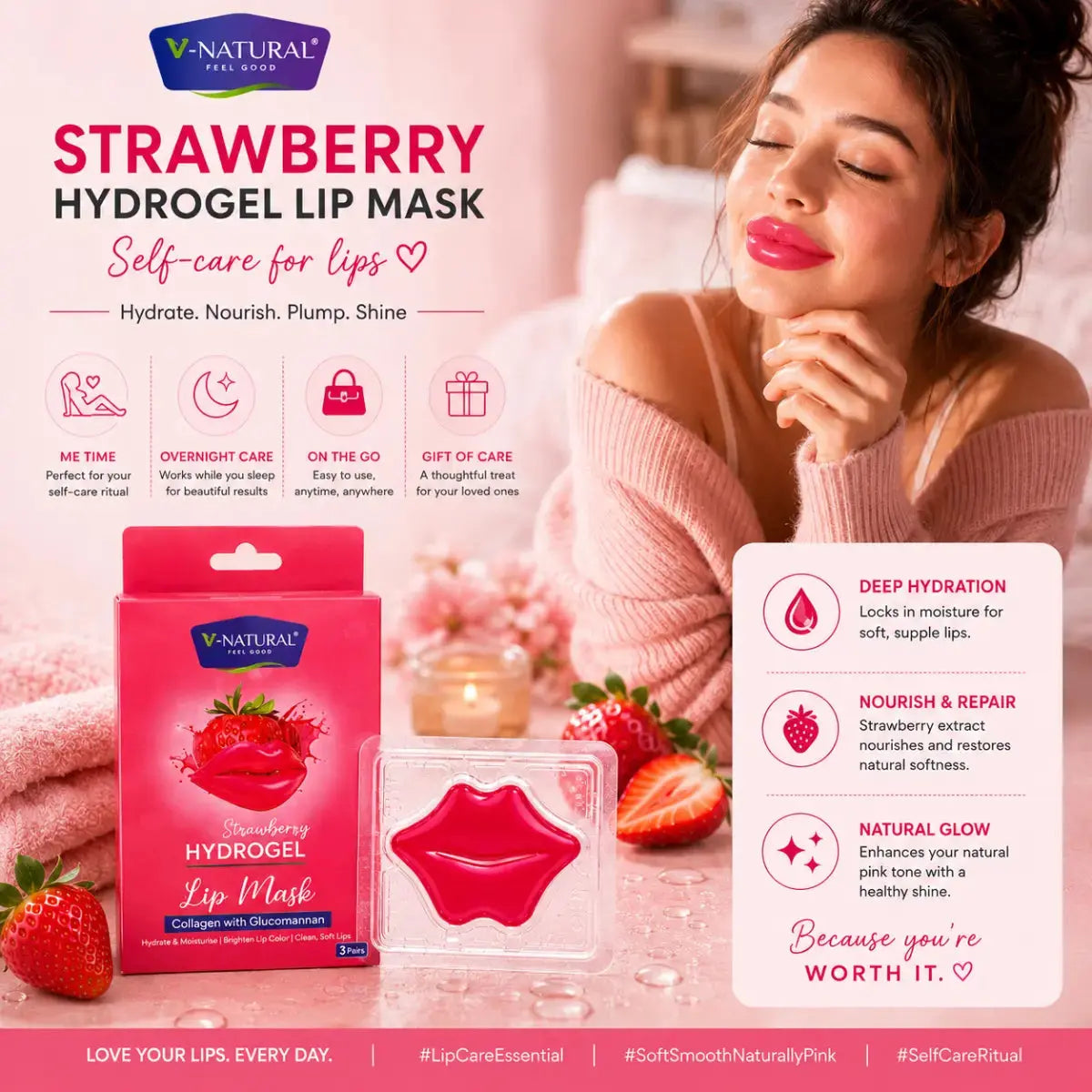 V-Natural Strawberry Hydrogel Lip Mask advertisement featuring a pink lip mask product, its retail box, and a woman with pink lips in a soft pink lifestyle setting.